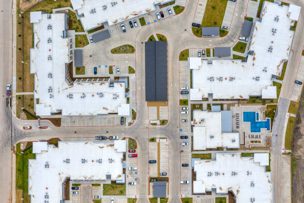 Birds eye view of apartments at The Gates at Meadow Place in Willow Park, Texas