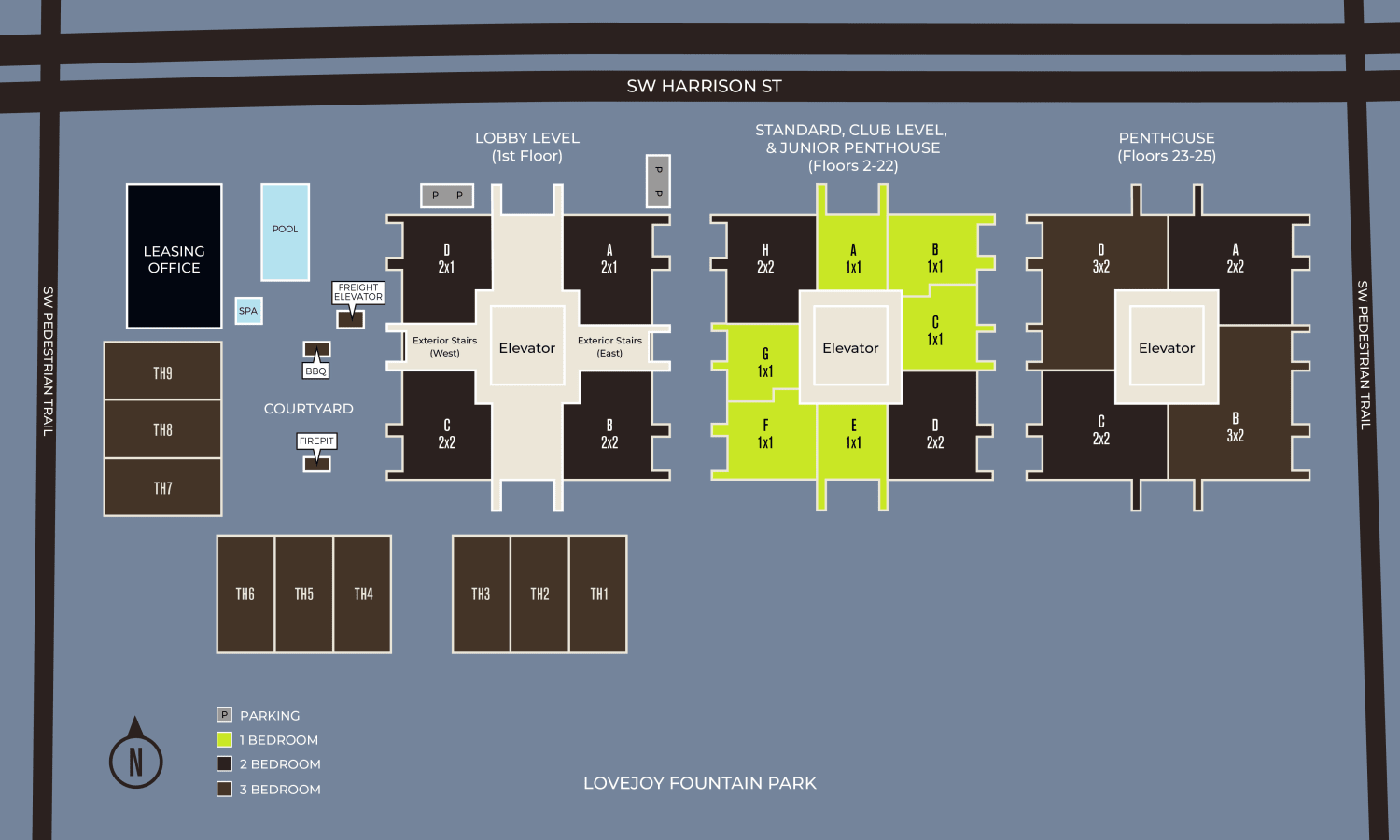 Community site map for Harrison Tower in Portland, Oregon