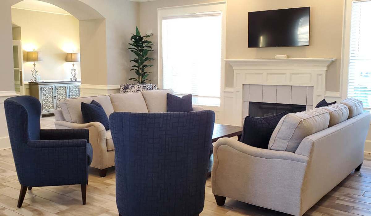 Clubhouse with lounge seating at Palisades Plott Creek in Waynesville, North Carolina