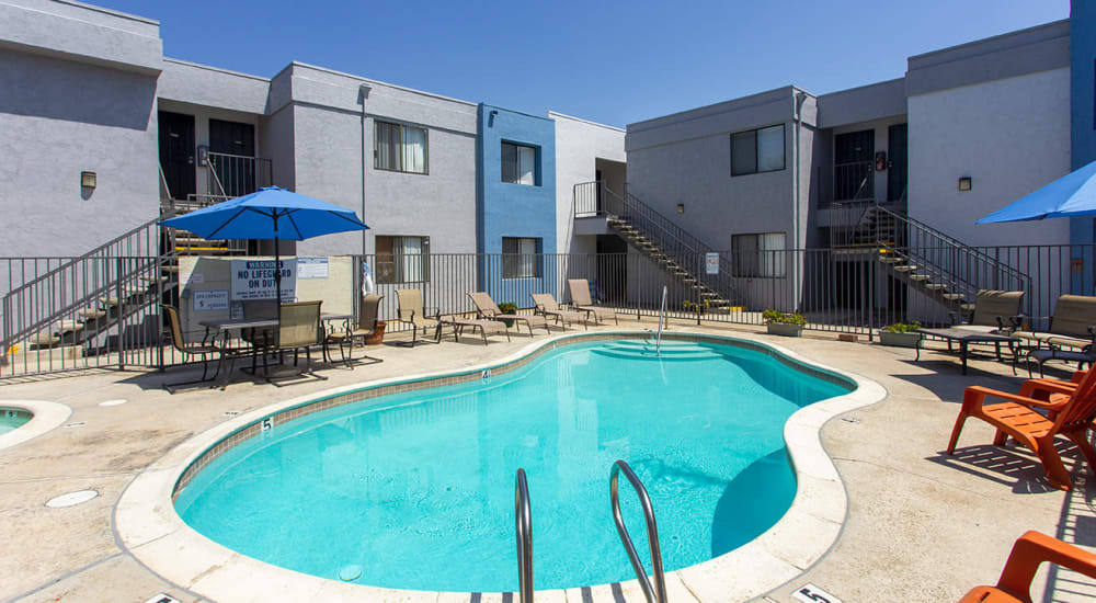 Sparkling pool at Bridgeview Apartments in San Diego, California