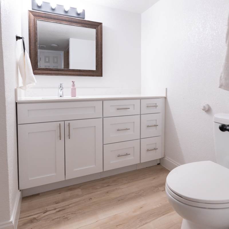 Apartment bathroom with vanity at Lakeshore Villa Apartments in Rowlett,Texas