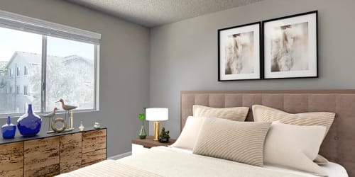 Bedroom in model home at The Aurora Apartments in Sparks, Nevada