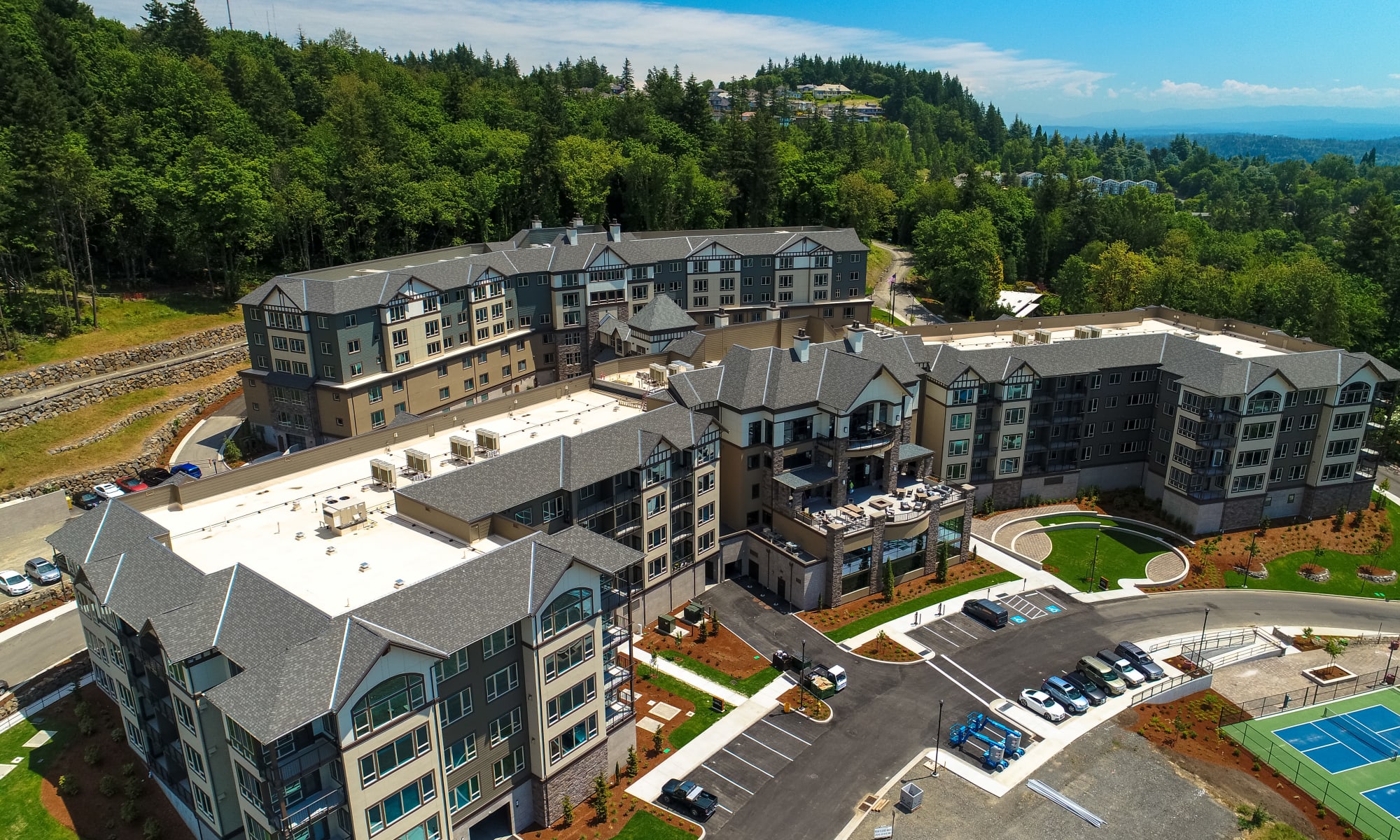 An aerial view of Touchmark in the West Hills in Portland, Oregon