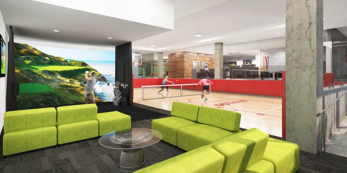 Elegant green couch sitting area at Optima Verdana® in Wilmette, Illinois