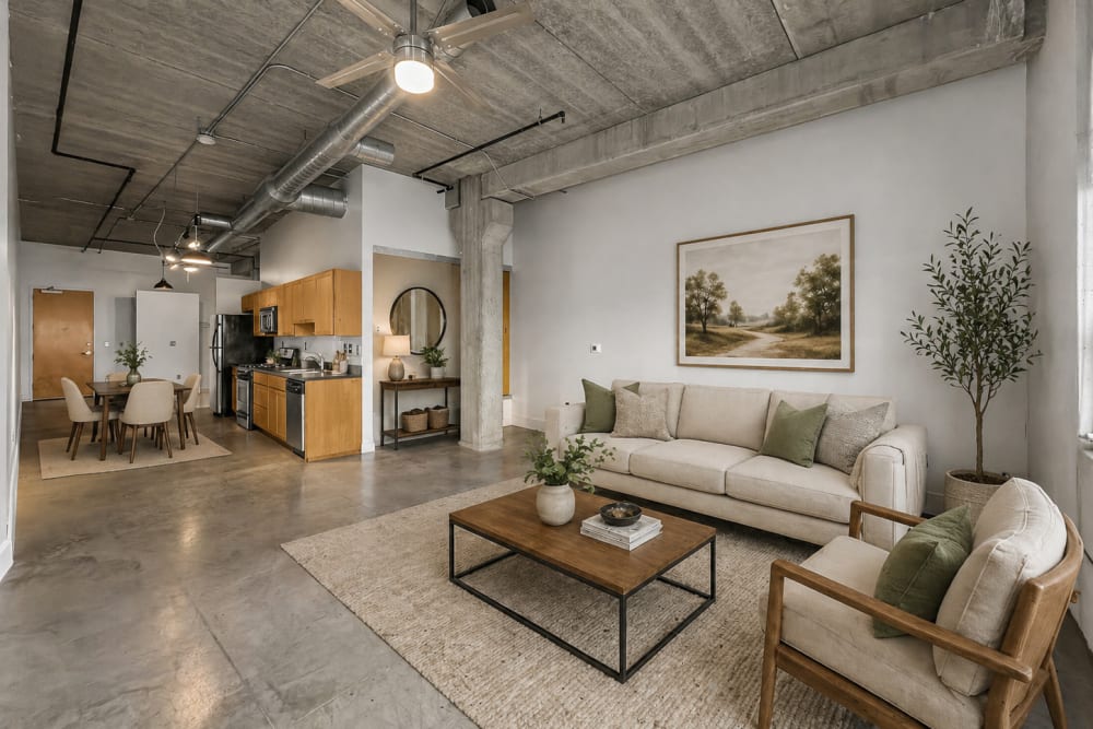 Open layout living room with modern decor at Gateway Lofts in Des Moines, Iowa