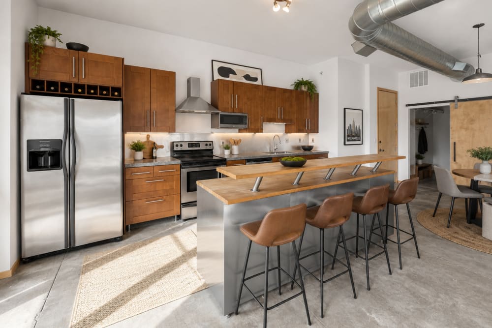 Well-lit kitchen at Ingersoll Square in Des Moines,Iowa