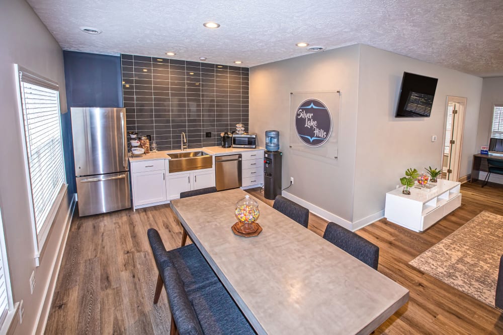 A community kitchen for entertaining guests at Silver Lake Hills in Fenton, Michigan