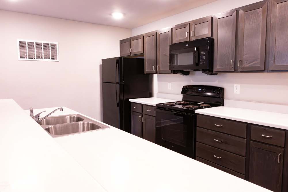 Kitchen with black appliances and stainless-steel sink at Villas At Mount Zion in Stockbridge, Georgia