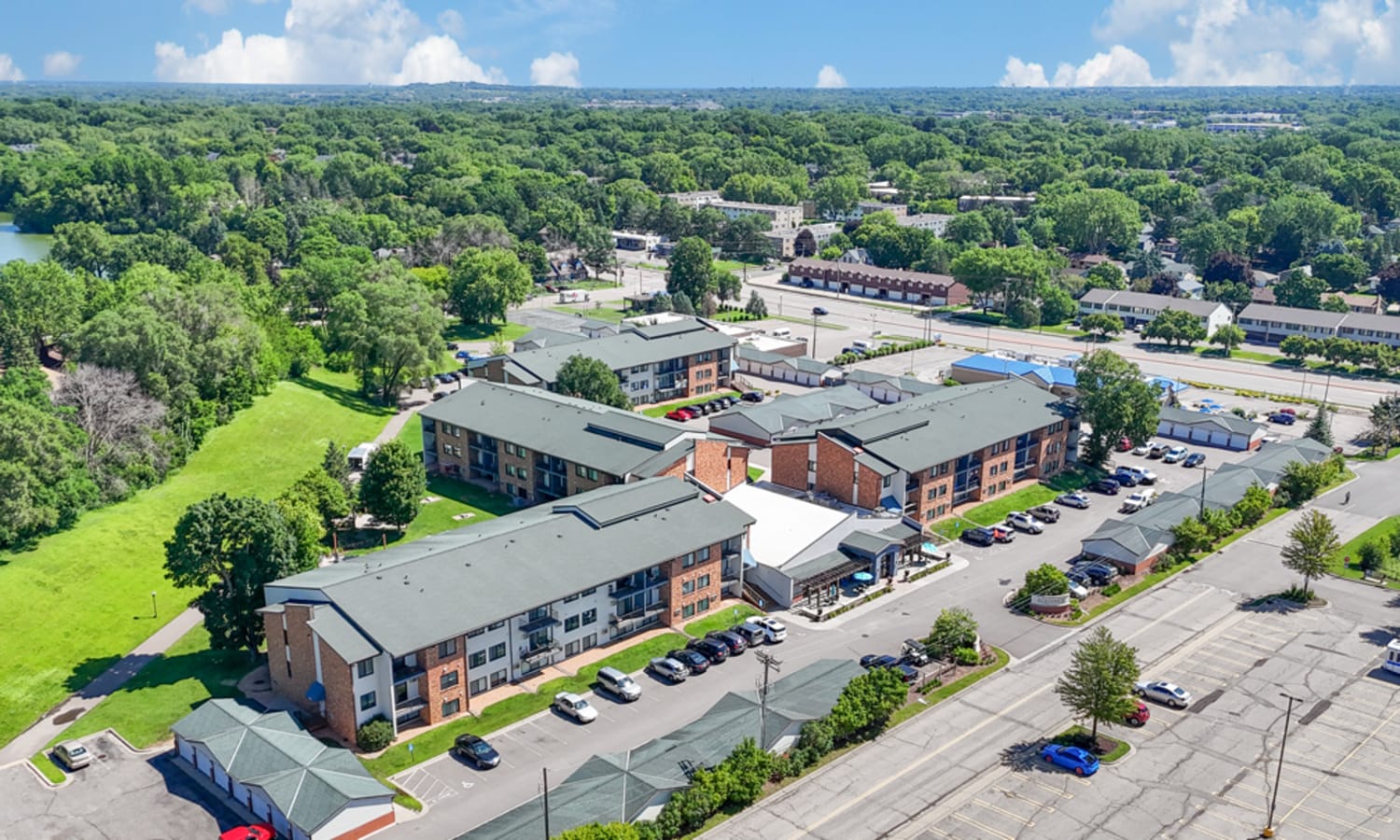 Aerial view of the apartments and neighborhood at Equinox Apartments in Saint Anthony, Minnesota