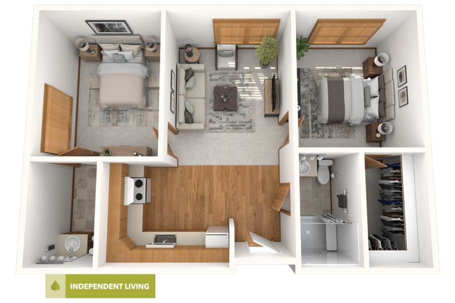 2 bedroom independent living floor plan at Oxford Vista Wichita in Wichita, Kansas