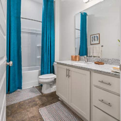 Modern bathroom with attached tub at Lodge at Lake Wylie in Lake Wylie, South Carolina