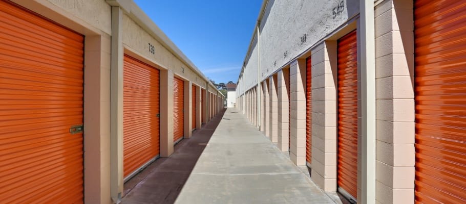 Rows of storage units outside at A-1 Self Storage in Oceanside, California