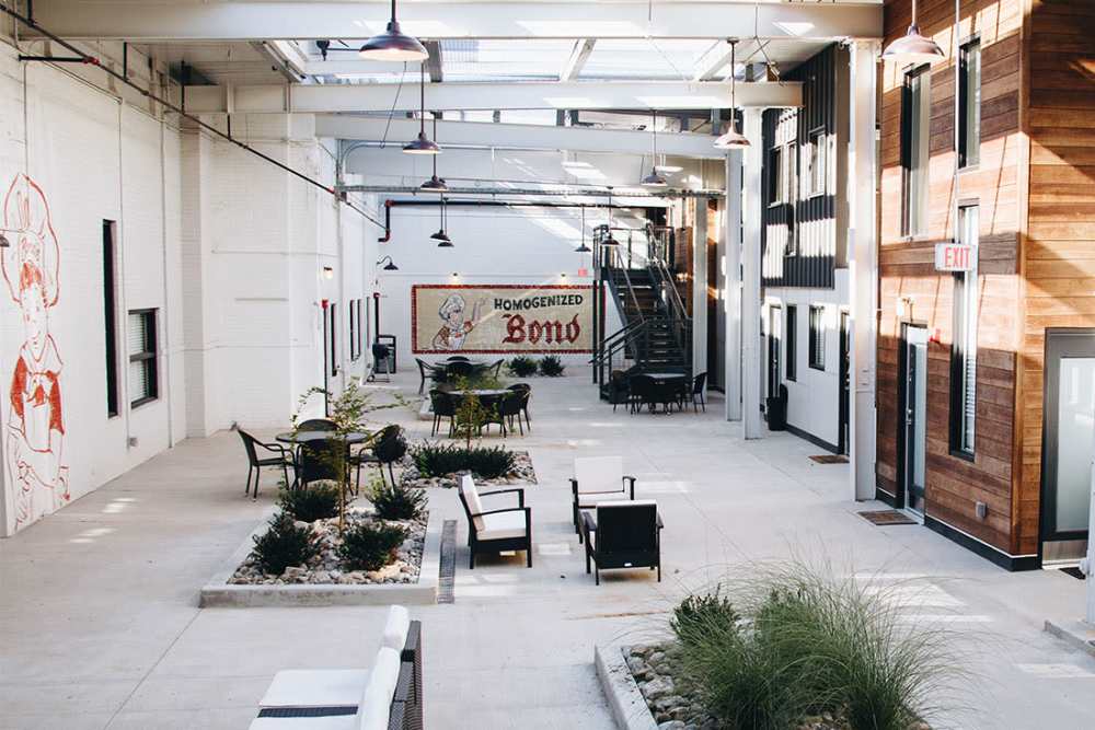 Stylish outdoor seating area with greenery at Courtyard Lofts at Scott’s Addition in Richmond, Virginia