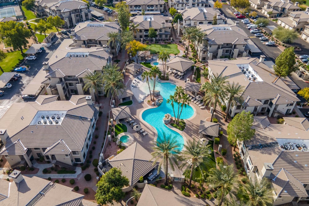 Beautiful swimming pool at sunset at Ascend at Kierland in Scottsdale, Arizona