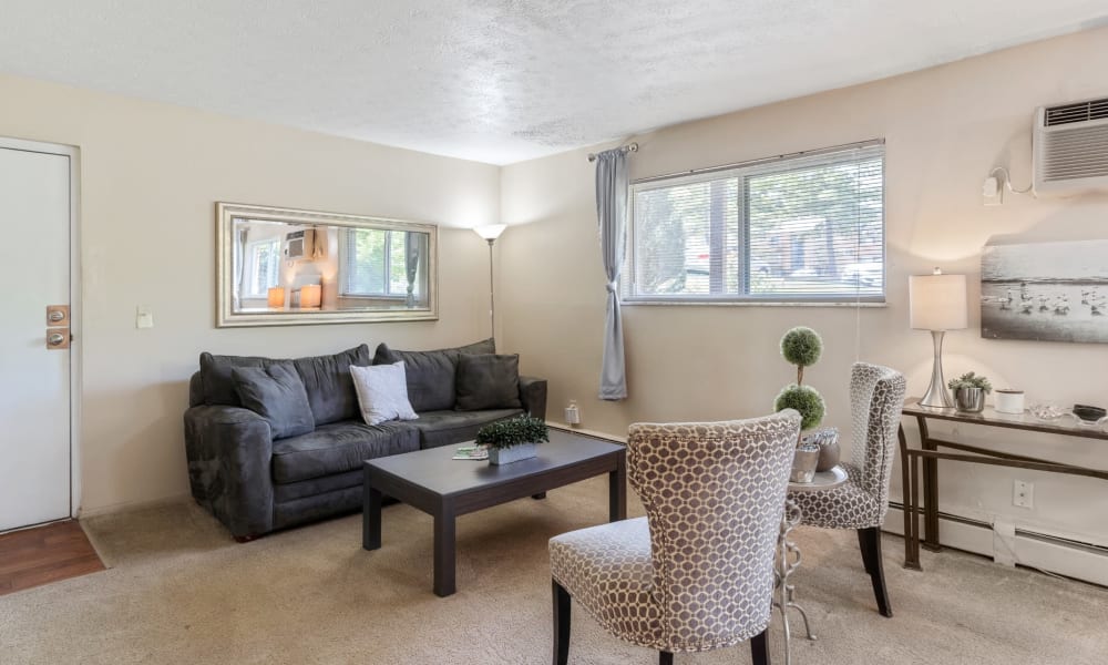 Carpeted living room at Centennial Woods Apartments in Cincinnati, Ohio