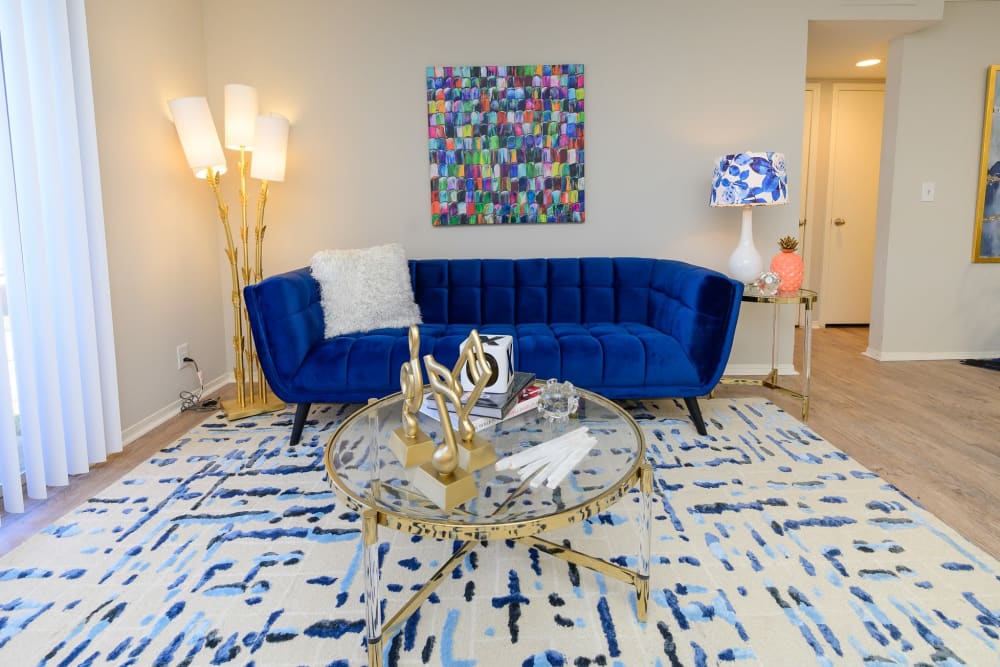 Living room with modern decor in a model apartment at The Hamilton in Hendersonville, Tennessee