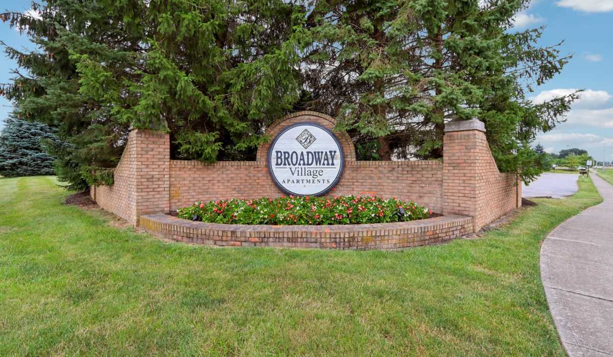 Property signage at Broadway Village Apartments in Greenfield,Indiana