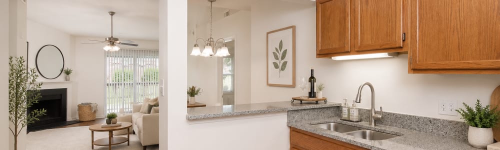 Apartment kitchen with wood-style flooring and mosaic countertop at Cloisters of Mount Holly in Mount Holly, North Carolina