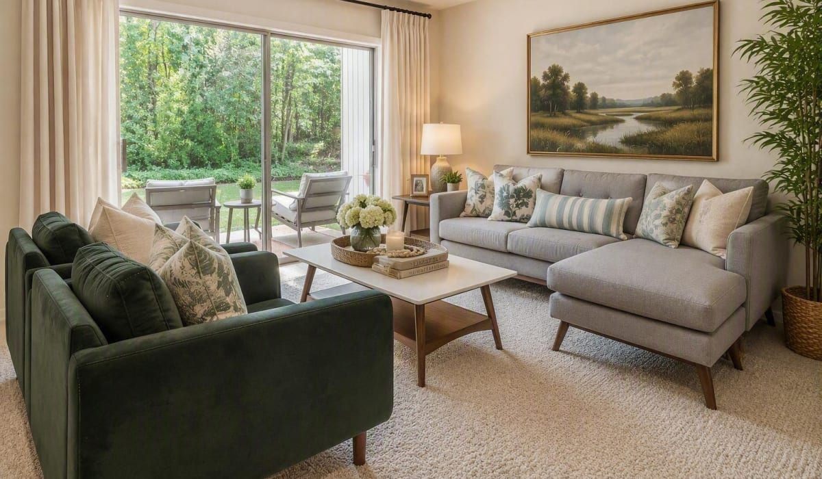 Living room with modern furniture at Willow Oaks Apartments in Richmond, Virginia