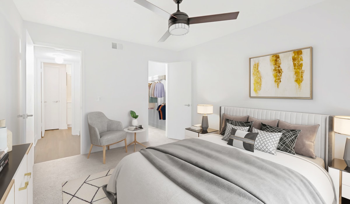 Bedroom with ceiling fan at Bentley Green Apartment Homes, Jacksonville, Florida