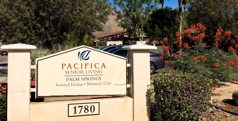 Welcome sign at Pacifica Senior Living Palm Springs in Palm Springs, California