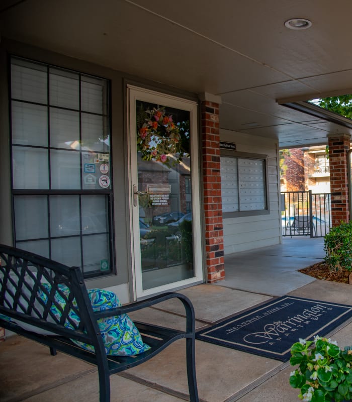 Outside porch seating of The Warrington Apartments in Oklahoma City, Oklahoma