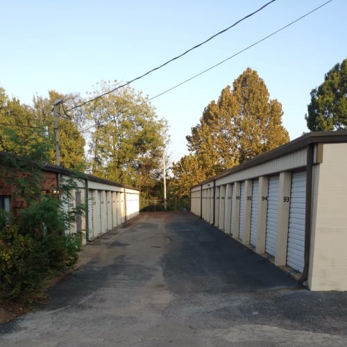 View down a row of beige storage units with trees at Red Dot Storage in Columbia, Tennessee