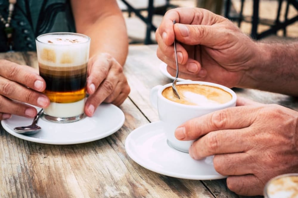 Residents enjoy coffee and tea at Broadwell Senior Living in Plymouth, Minnesota