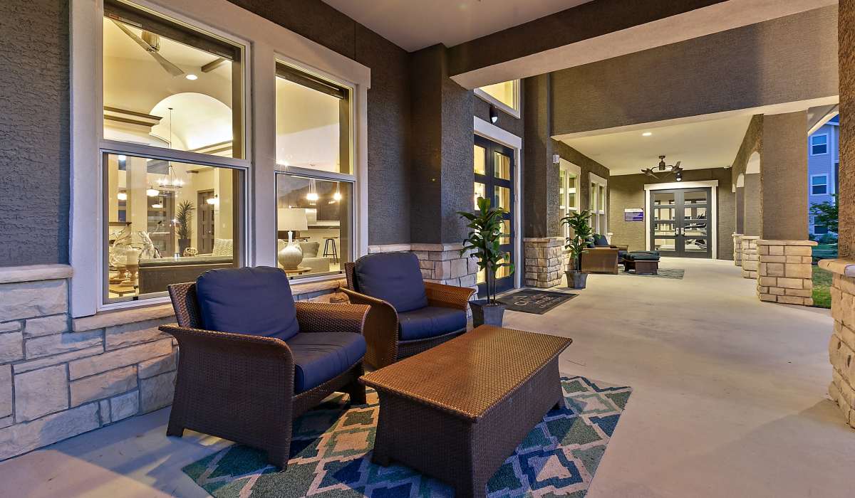 Outside community seating area at Canyon House in New Braunfels, Texas