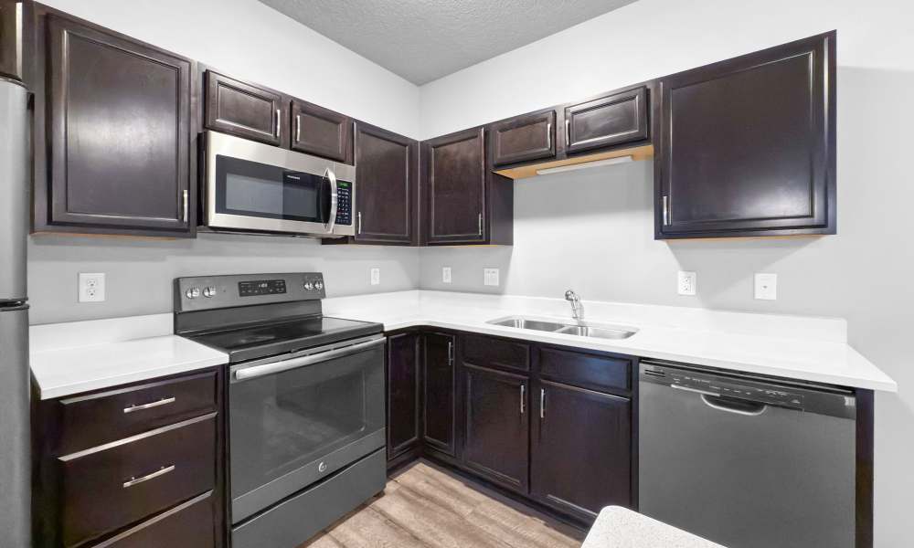 Upgraded kitchen with sleek dark cabinets and modern appliances at Alice Patricia Apartments in Waukee, Iowa