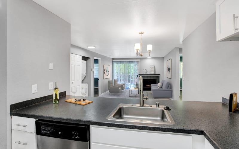 Spacious kitchen with ample counter space at Park South Apartments in Seattle, Washington