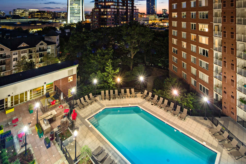 View of the swimming pool area from an upper floor home at Sofi at 50 Forest in Stamford, Connecticut