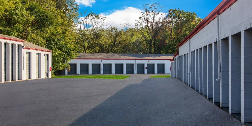 Large drive-up units with wide drive aisles at StorQuest Economy Self Storage in Dayton, Ohio