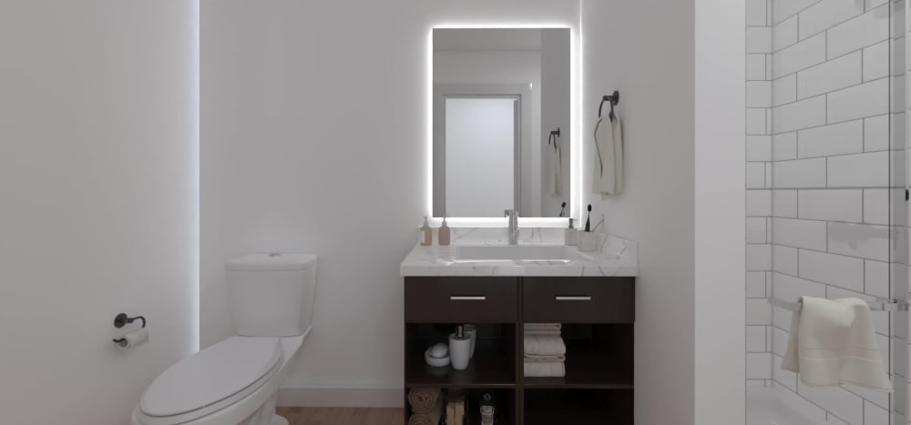 Rendering of bathroom with modern fixtures at Thea Apartments in Tacoma, Washington