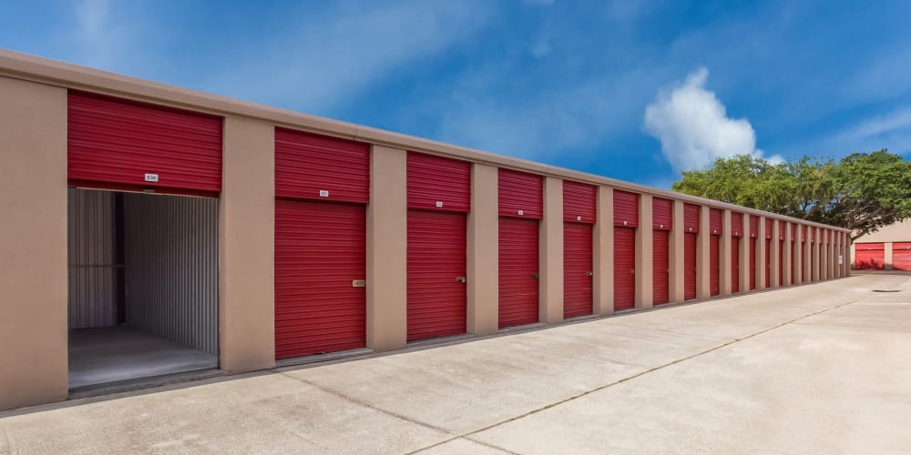 Outdoor storage units with drive-up access at StorQuest Self Storage in Tampa, Florida