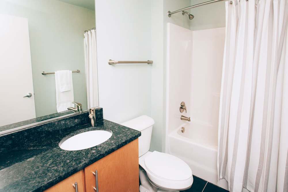 Modern bathroom with granite countertops at Courtyard Lofts at Scott’s Addition in Richmond, Virginia
