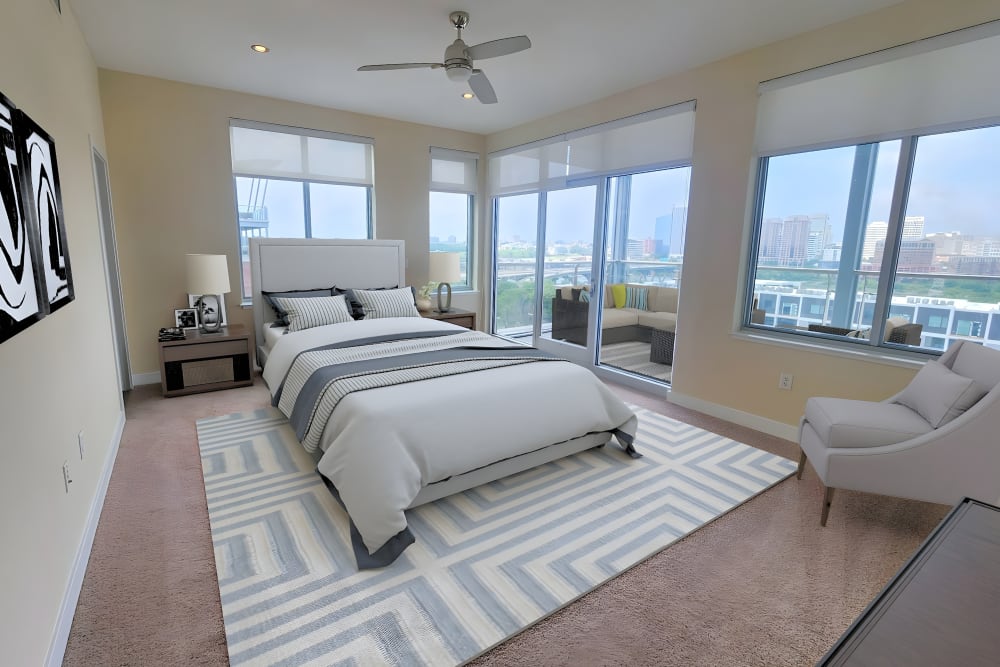 Bedroom of model apartment at Terraces at Manchester in Richmond, Virginia