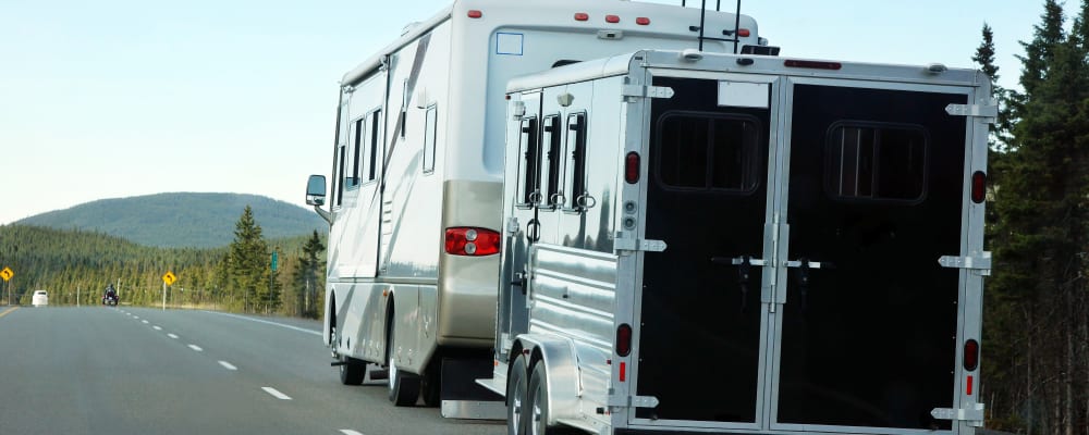 An RV out of storage at Van Mall Storage in Vancouver, Washington