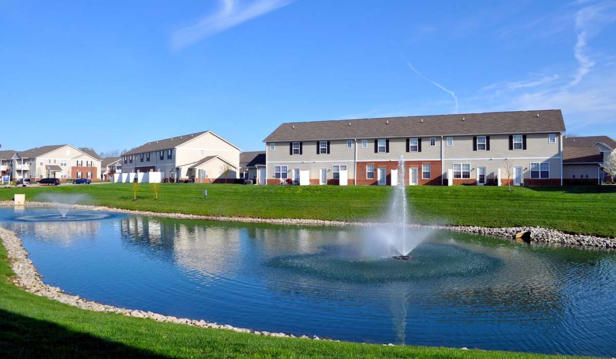 Beautiful lake with a fountain at Bluestone in Greenfield,Indiana