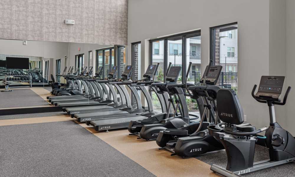 Fitness center with treadmills at Opal Point at Kyle in Kyle,Texas