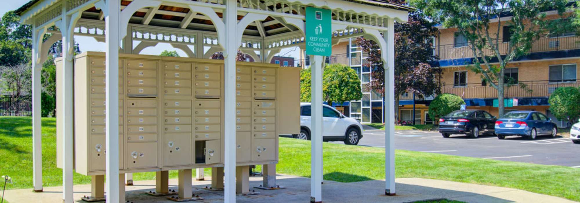 Community area at Stony Brook Village in Hyde Park, Massachusetts