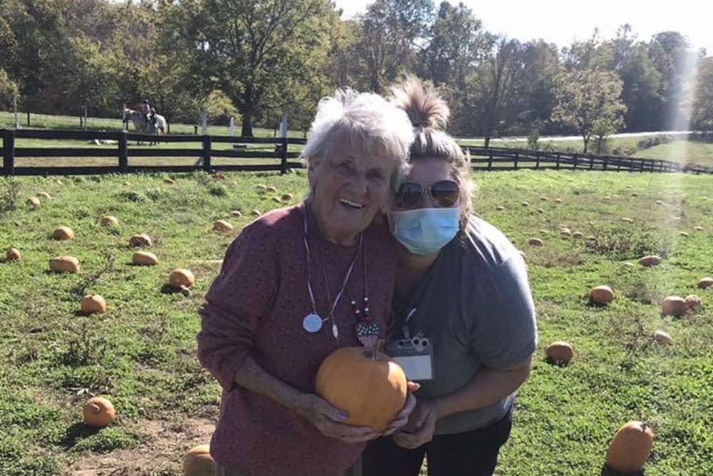 Pumpkin patch with residents from English Meadows Williamsburg Campus in Williamsburg, Virginia