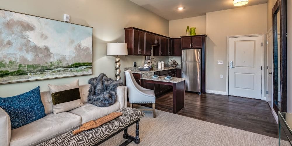Living room in apartment at Anthology of Meridian Hills in Indianapolis, Indiana