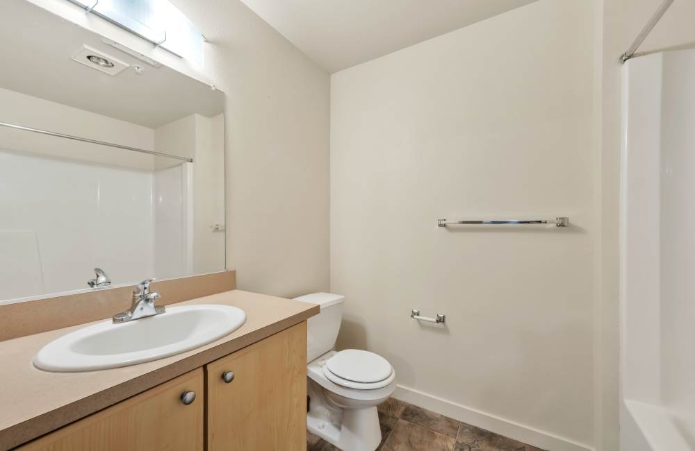 Bright bathroom at North Main Village in Milwaukie, Oregon