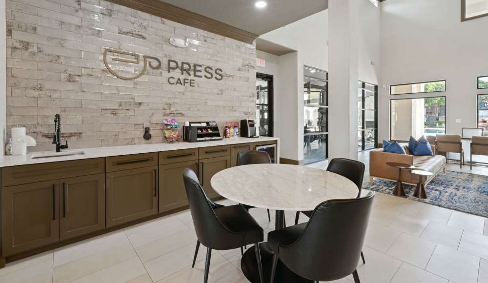 Coffee bar in the community room at Florence in Houston, Texas