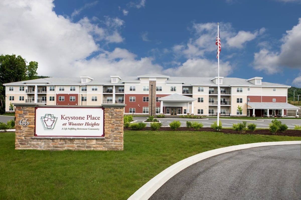 The building exterior at Keystone Place at Wooster Heights in Danbury, Connecticut