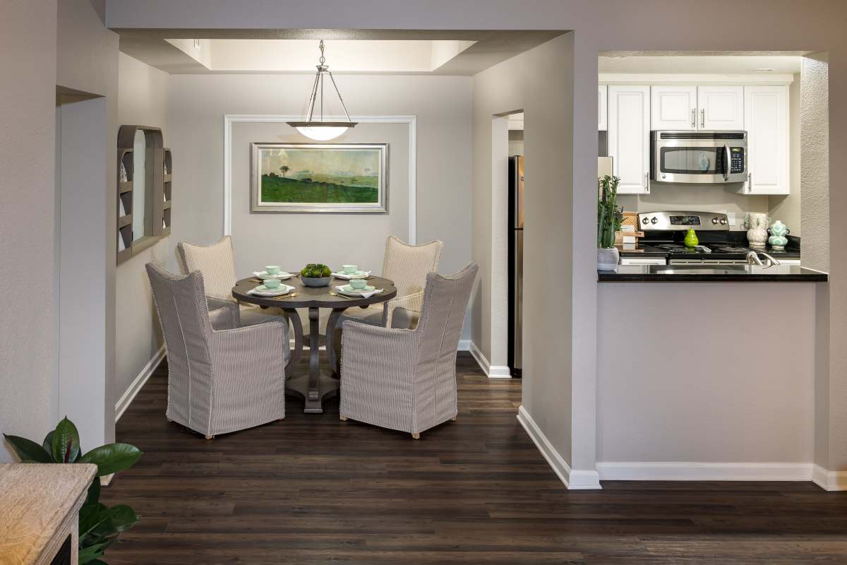 Dining area next to kitchen at Nantucket Apartments in Santa Clara, California