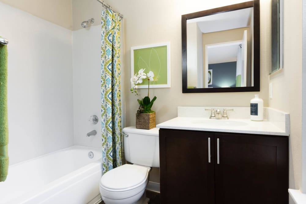 Large vanity mirror and a quartz countertop in a model home's bathroom at Madison Sammamish Apartments in Sammamish, Washington