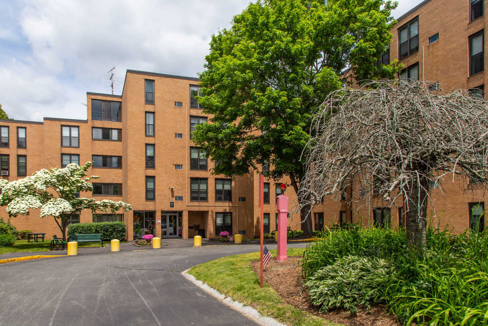 Road leading to the apartment building at Fairhaven Village in Fairhaven, Massachusetts