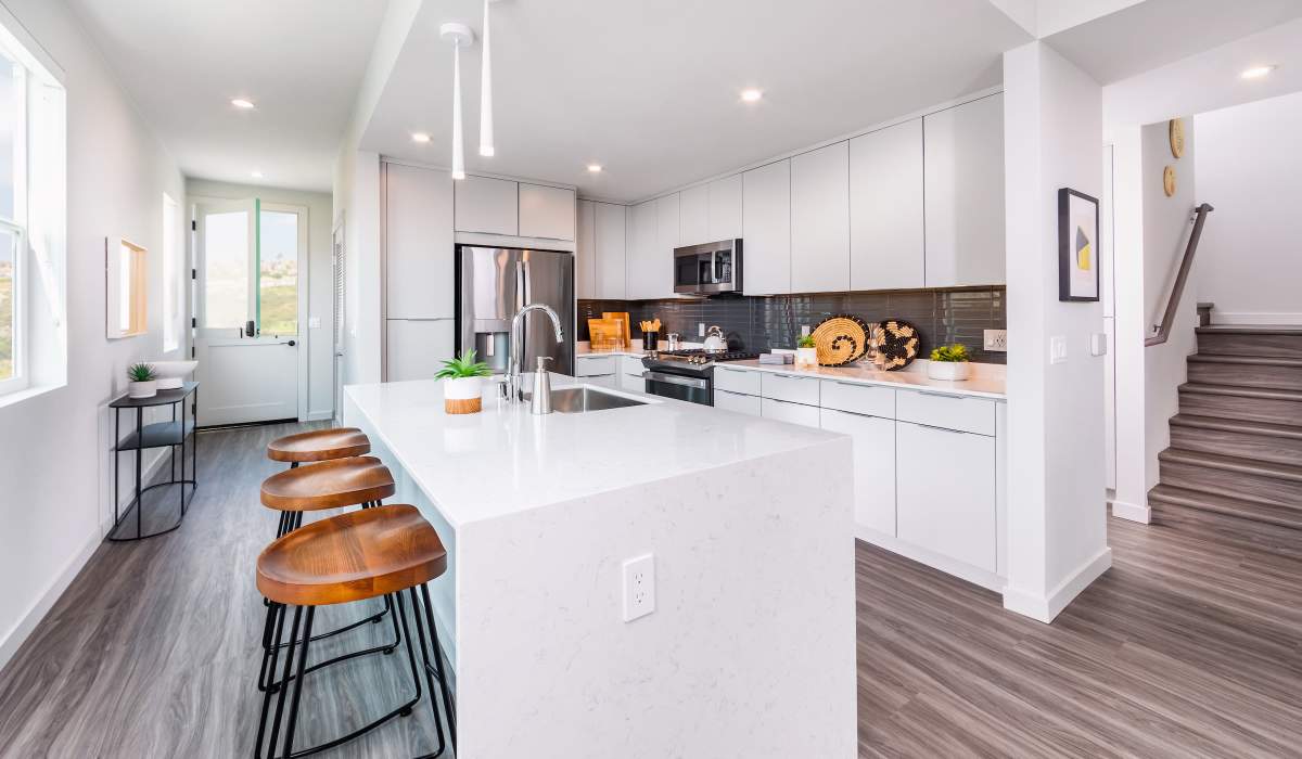Kitchen with an island at Marea in Dana Point, California 